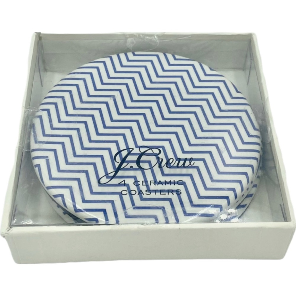 NIB J. Crew Coasters Set 3 Blue & White Zig Zag Beverage Drink Party